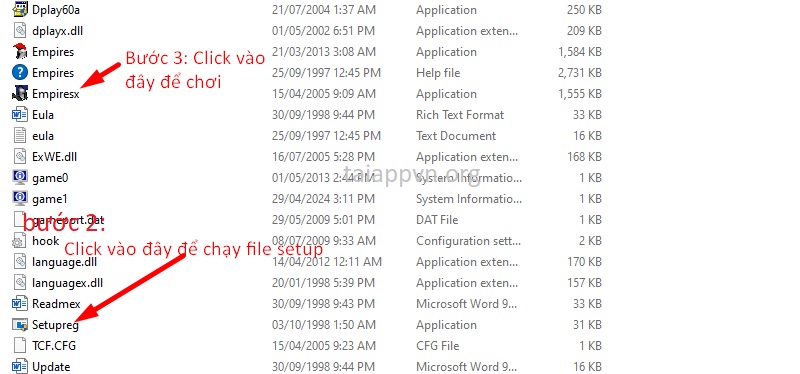 Chạy file Setupreg.exe để cài đặt > mở Empiresx.exe để bắt đầu chơi game