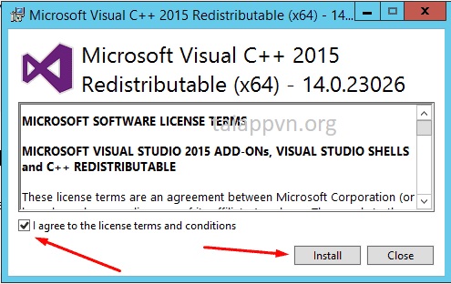 "I agree to the license terms and conditions" > Install