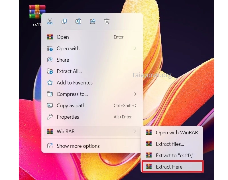 Nhấp chuột phải > chọn Extract Here