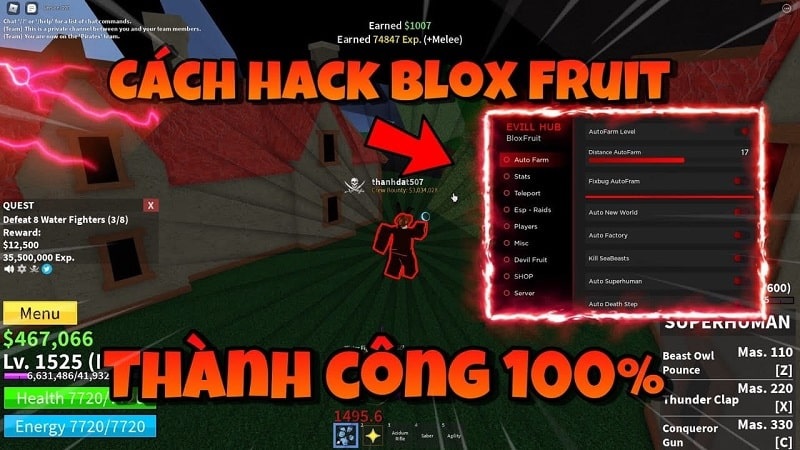 Bảng điều khiển menu mod blox fruit với nhiều tính năng hỗ trợ người chơi vô cùng tiện