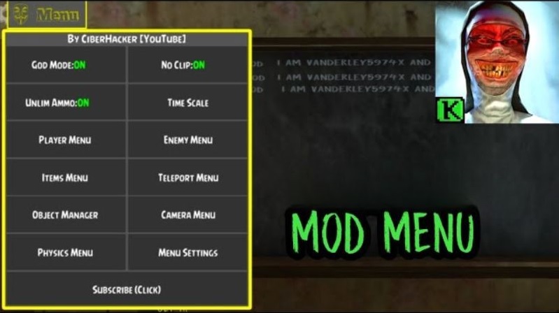 Giao diện evil nun mod menu outwitt tiện lợi trên máy